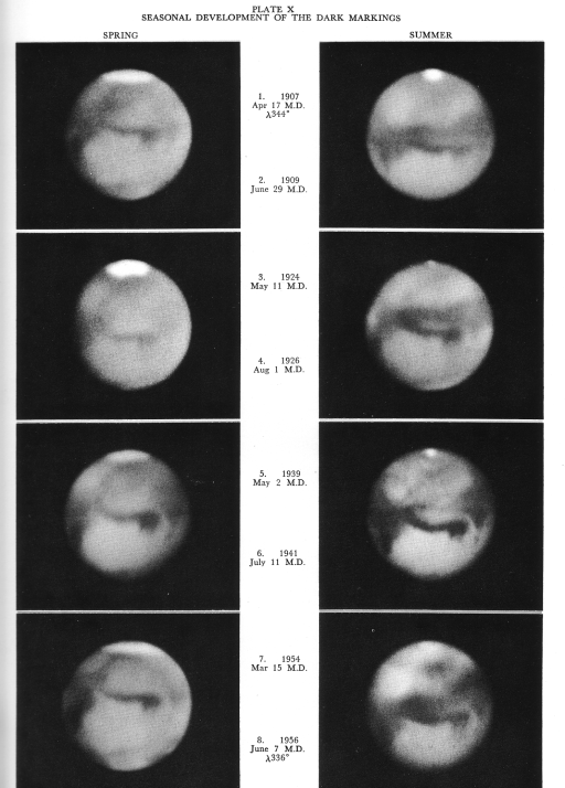Seasonal developments of the dark markings on Mars, 1907-1956