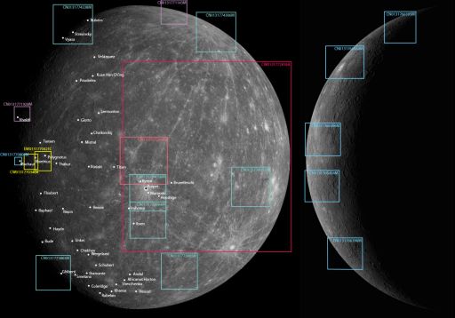 Locations of MESSENGER Mercury Flyby 2 detail images as of October 17, 2008