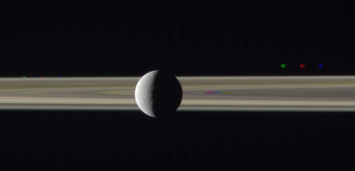Rhea on the rings with Prometheus and Janus, misaligned (1)