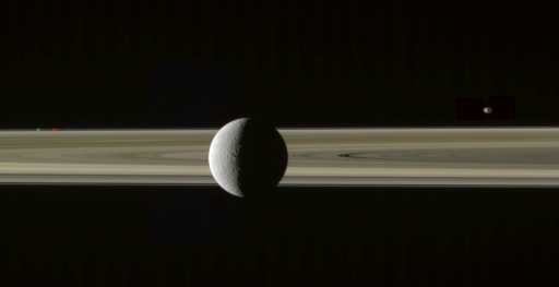 Rhea on the rings with Prometheus and Janus, misaligned (4)