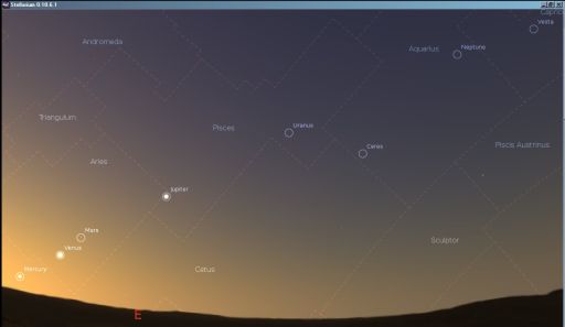 Mercury, Venus, Mars, Uranus and Neptune shortly before sunrise, June 2011