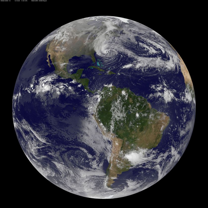 GOES composite image of Earth's globe with Hurricane Sandy, October 28 ...