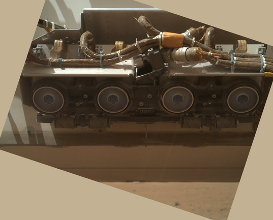 Curiosity's forward Hazard Avoidance Cameras (Hazcams) as seen from MAHLI, sol 34