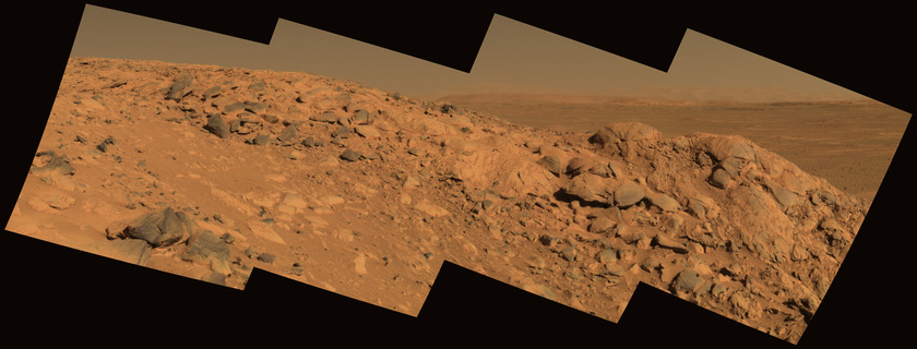 Panoramic view of Clovis outcrop with Gusev basin behind, sol 210