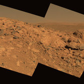 Panoramic view of Clovis outcrop with Gusev basin behind, sol 210