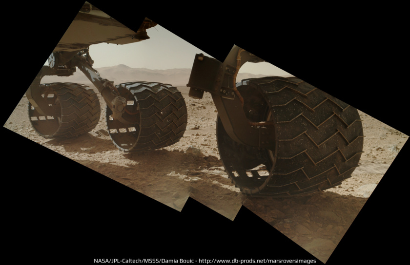 Curiosity's wheels on sol 463: tear in left front wheel