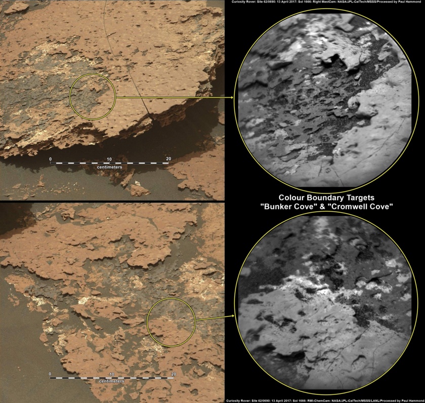 Two colorful rock targets south of Bagnold Dunes, Curiosity sol 1666