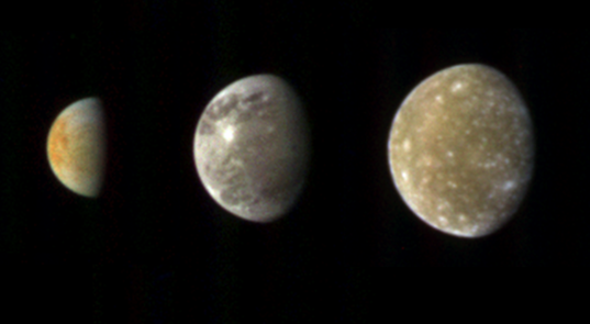 Cassini views of Europa, Ganymede and Callisto