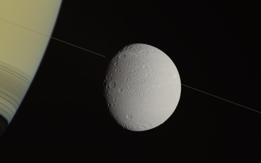 Dione and Saturn and an almost invisible ring
