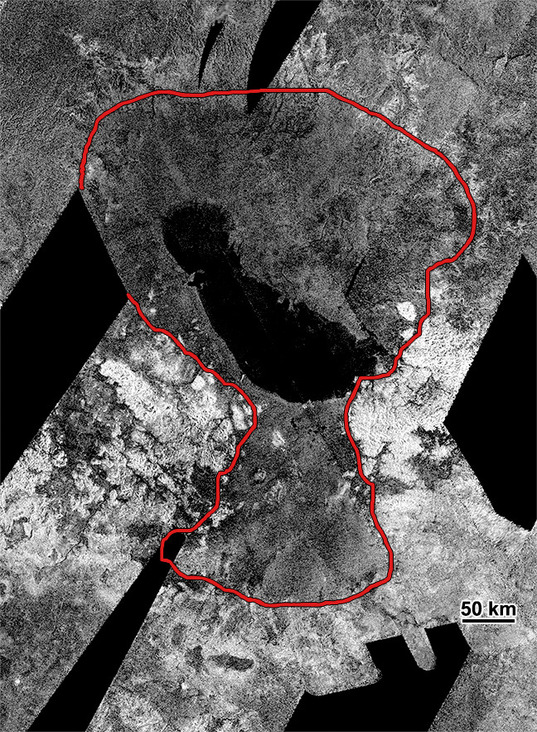 Ontario Lacus, Titan, from Cassini RADAR (annotated)