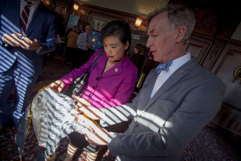 Rep. Judy Chu (D-CA) gets a lesson on solar sailing from Bill Nye