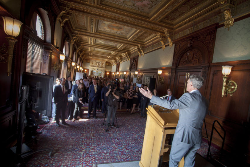 Bill Nye addressing the planetary science caucus kickoff event