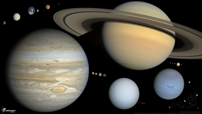 Every round object in the solar system, to scale (widescreen)