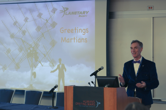 Bill Nye presenting at the Humans Orbiting Mars workshop
