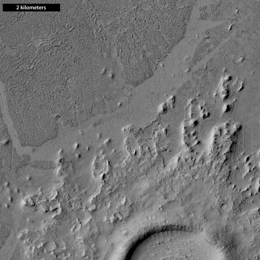 Channel northwest of a pedestal crater, Cerberus Palus, Mars