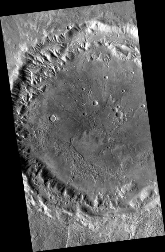 Crater within Tempe Terra, Mars, containing inverted channels