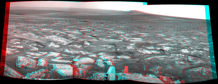 Odyssey Crater, Cape York, and western Endeavour rim, sol 2678 (3D anaglyph)