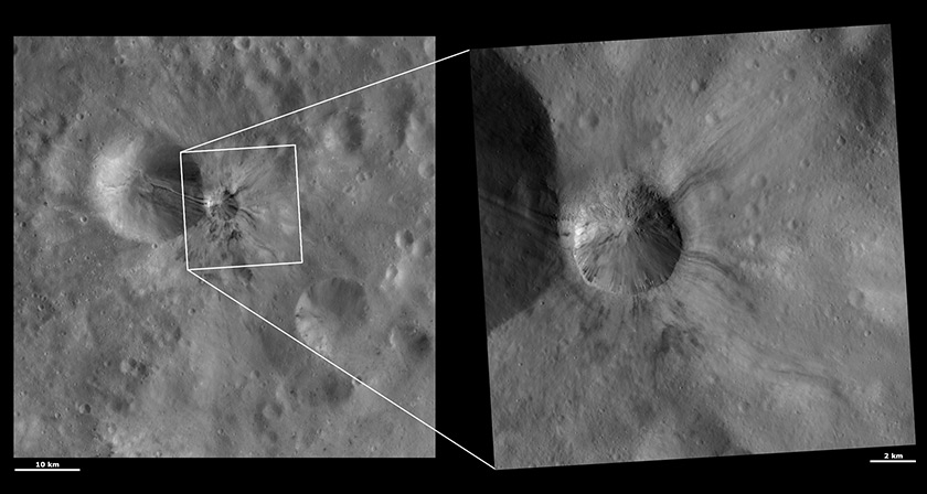 Aelia crater, Vesta, in medium and high resolution