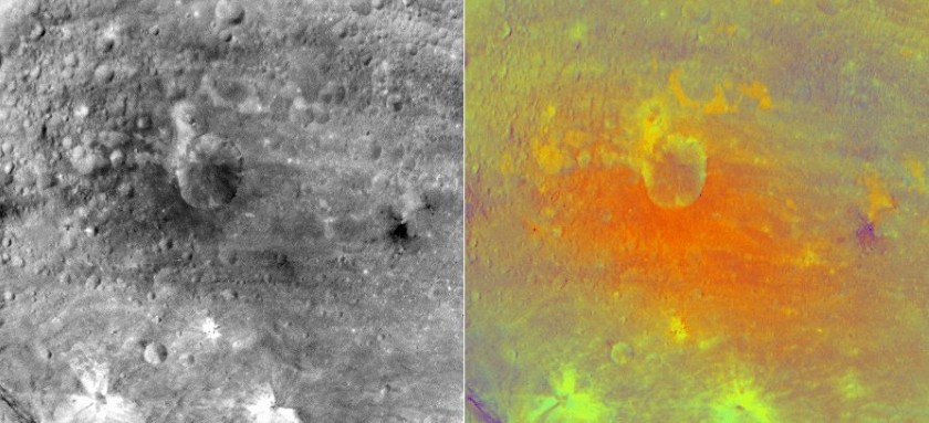 Numisia crater, Vesta, in black and white and false color