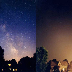 A view of the suburban sky with, and without, power to outdoor lights, from the International Dark-Sky Association.