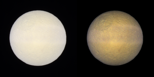 Tethys in false color and enhanced color