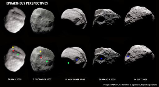 Views of Epimetheus from Cassini and Voyager