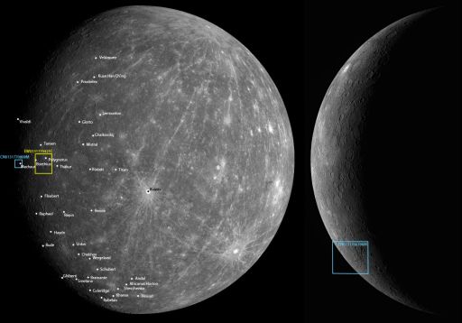 Locations of MESSENGER Mercury Flyby 2 detail images as of October 7, 2008