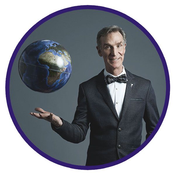 Bill Nye with Earth globe above his hand