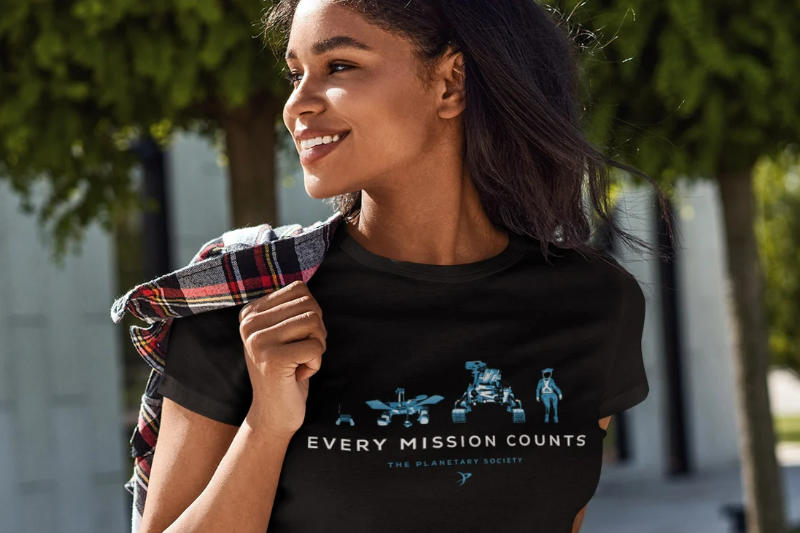 young woman wearing Every Mission Counts t-shirt