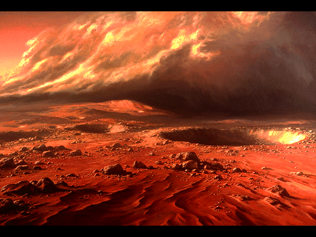An artist's depiction of an approaching dust storm on Mars, 1976