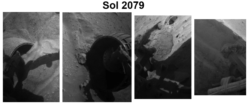 Hazcam views of Spirit's wheels, sols 2079 and 2088