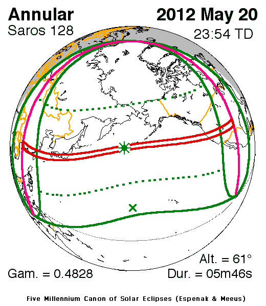 Visibility of the May 20, 2012 solar eclipse
