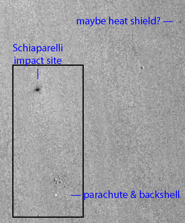 Before-and-after comparison of Schiaparelli landing site in CTX images (annotated)