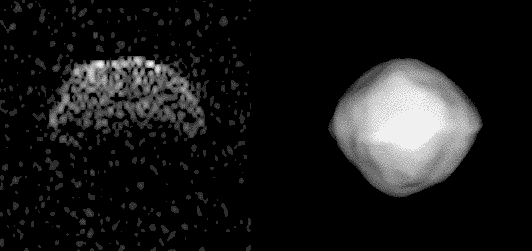 Estimated shape of asteroid Bennu (right) and observation by radar (left)