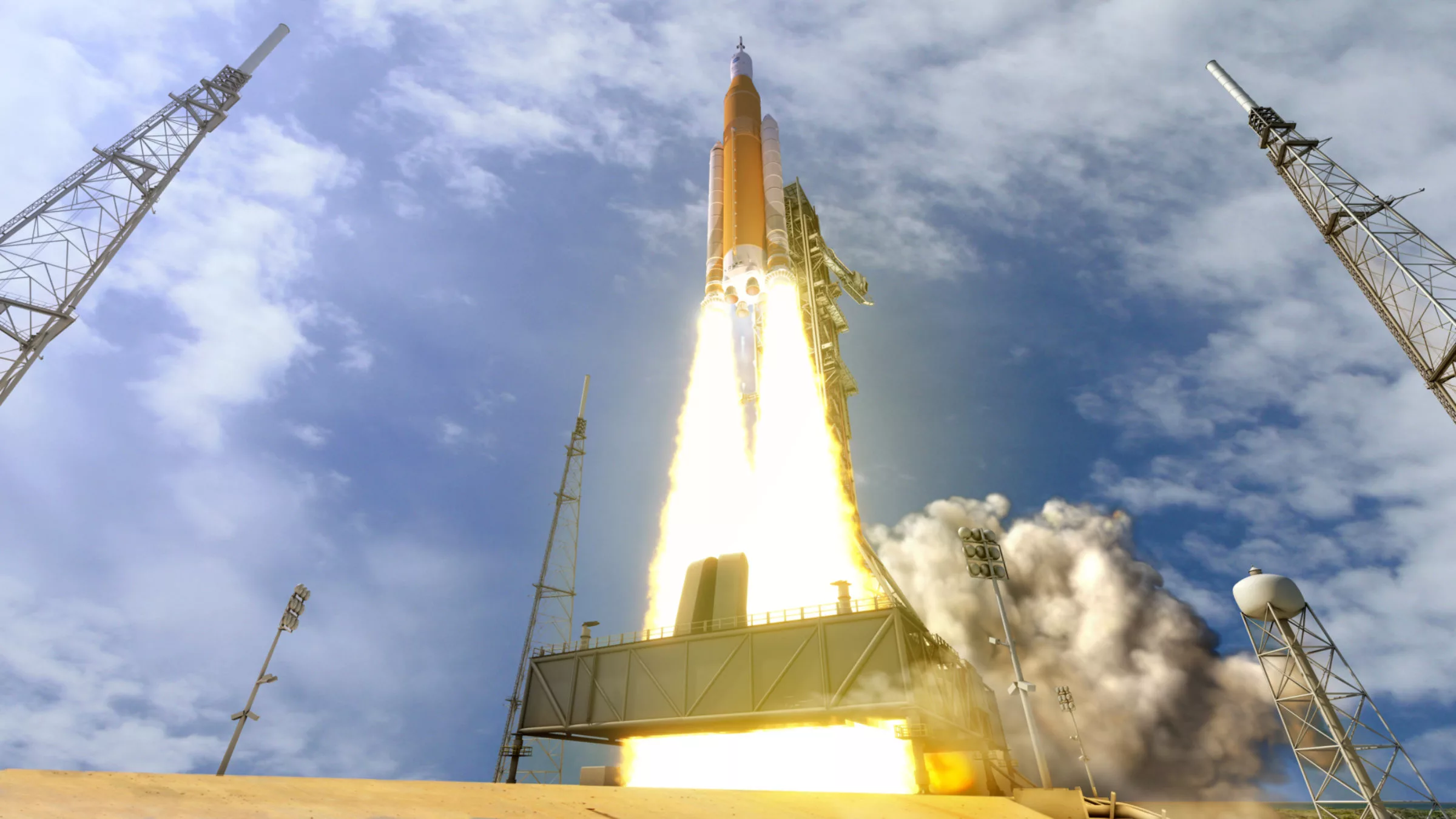Artist's concept of the Space Launch System lifting off